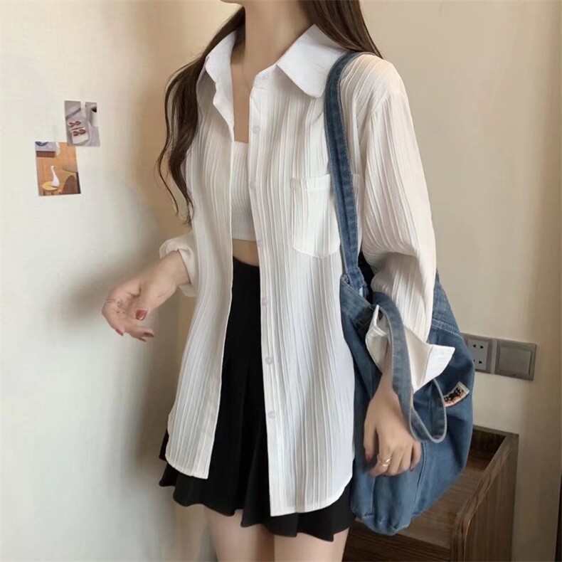 条纹衬衫外套女外搭长袖上衣宽松衬衣衫，女装衬衫，中性港风女装