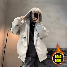 现货高品质美式高街重磅座山雕连帽pu皮棉衣男女加厚毛毛绒冬外套，男装皮衣，电商A486