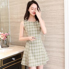 2021年夏季新款韩版修身格子无袖连衣裙，女装连衣裙，寒都衣屋