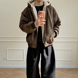 2025冬季美拉德假两件pu皮飞行夹克男美式高街痞帅机车服连帽外套图片