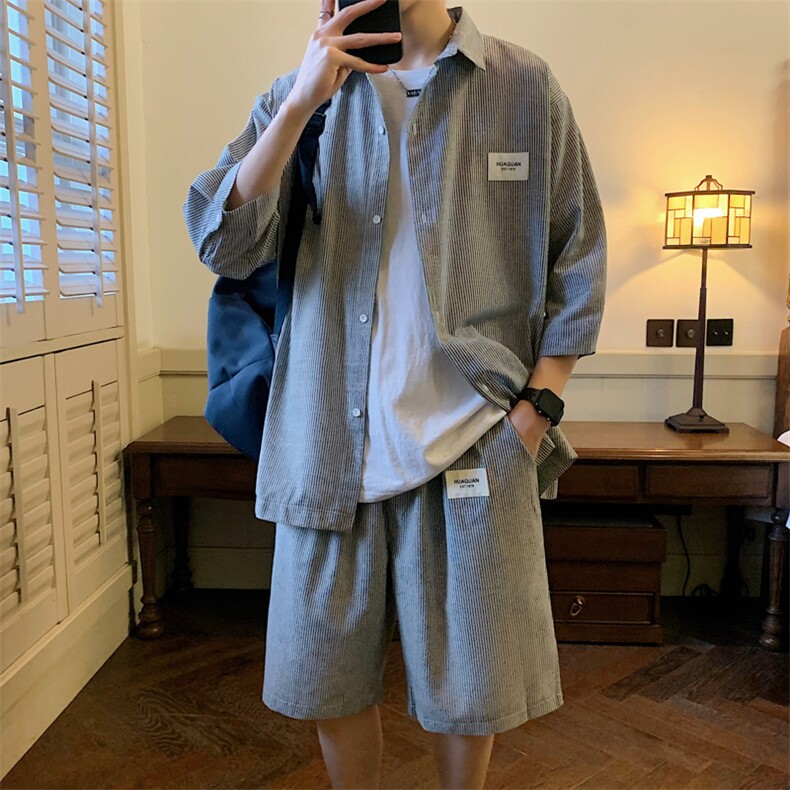 2026夏小清新条纹衬衫五分裤棉质宽松运动套装TZ8090/P65黑色9，男装休闲套装，电商A094