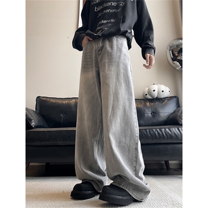 美式高街牛仔裤男新款灰色水洗痞帅小众阔腿微喇裤子N80111-p45图片