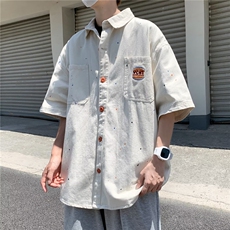 夏季短袖牛仔衬衫男港风日系小众设计感休闲宽松半袖外套C983p55，男装衬衫，星座1013