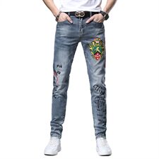 2021高端精品欧货韩版小脚手绘浅蓝牛仔裤百搭长裤A9867，男装牛仔裤，星座304A