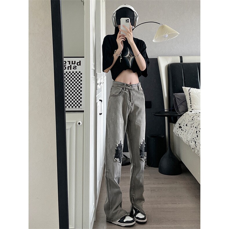 拉链ins美式高街hiphop直筒大码牛仔裤货号K667P65图片