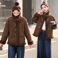 复古羊羔毛外套女冬季新款宽松显瘦皮毛一体加绒加厚上衣，女装羊羔毛/颗粒绒，依多米