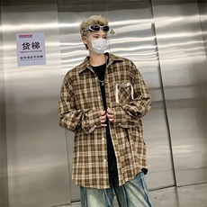 日系黑白格子长袖衬衫男小众复古港味宽松衬衣百搭外套HJ06/P40，男装衬衫，星座506