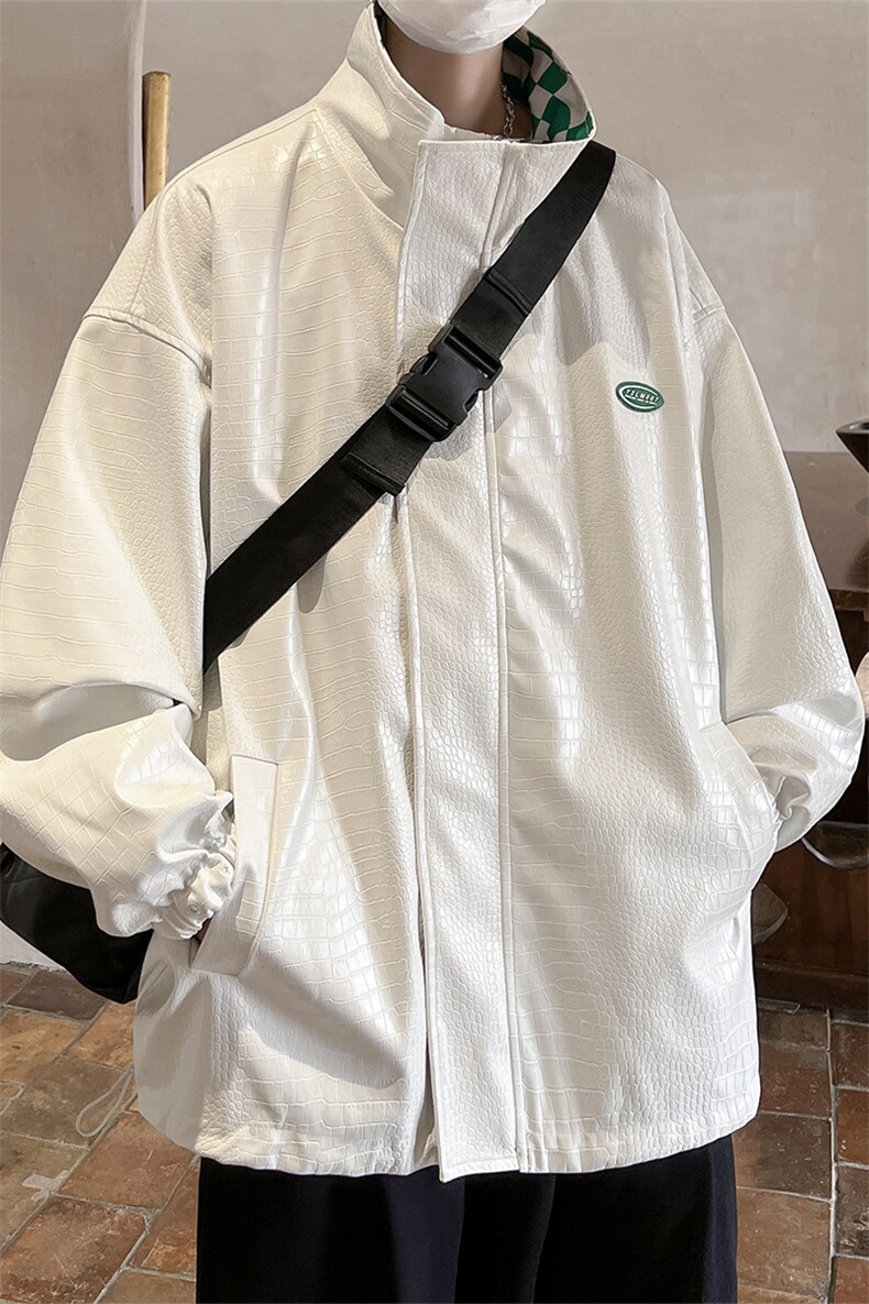 港风两面穿夹克男大码格子PU皮鳄鱼纹皮衣男外套JK8753P110控149,男装夹克,星座226-1