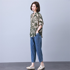 时尚拼接印花镶钻套装宽松显瘦气质女装优雅百搭休闲上衣，女装套装/套裙，叶笙衣