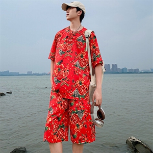 TZZ风盘扣T恤裤子大码团队服东北大花套装男女表演出新中式服图片