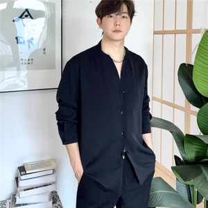 禁欲系垂感V领衬衫男春秋新款纯色宽松高冷风无领长袖衬衣ins时尚图片