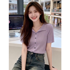 韩系气质优雅风紫色翻领针织衫夏季薄款温柔显瘦上衣潮，女装T恤，乐蒂丝