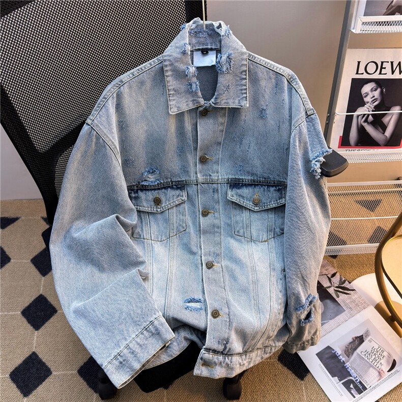 复古水洗美式破洞牛仔做旧夹克男女宽松百搭牛仔外套JK86433-p70，男装工装外套，星座1008