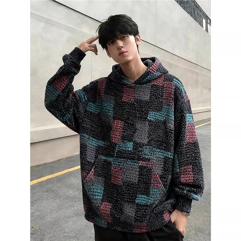 美式复古七彩格子卫衣男款秋冬重磅外套cleanfit连帽衫LM199-P73,女装短外套,星座1008