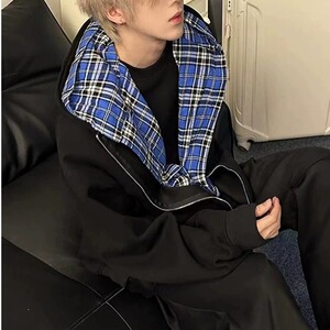 假两件格子开衫卫衣男春秋设计感初秋穿搭慵懒风开衫外套 MY131图片