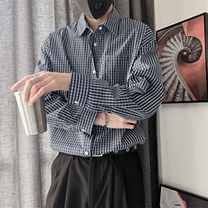 黑白格子衬衫男士日系长袖衬衣，男装衬衫，星座410-7