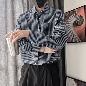 黑白格子衬衫男士日系长袖衬衣图片