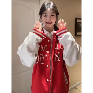 珍珠红色棒球服撞色夹克外套JK0116-P100图片