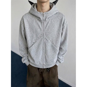 抖音得物高品质 26春装美式高街铆钉杜宾犬耳朵开衫卫衣外套W125图片