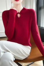 24秋冬100羊毛衫女新中式立领盘扣针织打底毛衣宽松长袖衫，女装羊毛衫，朝辰羊绒