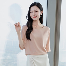 重磅圆领酒红真丝衬衫女五分袖2026春新款妈妈宽松大码真丝上衣，女装衬衫，阿舍尔精品