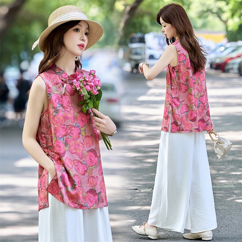 新中式国风女夏季新款高级感显瘦马甲阔腿裤流行街服饰,女装衬衫,罗腾