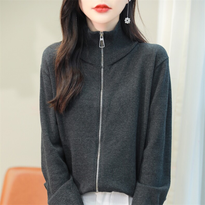 纯棉线拉链开衫立领外套女秋季宽松休闲针织开襟毛衣全棉上衣,针织衫/毛衣,品高羊绒