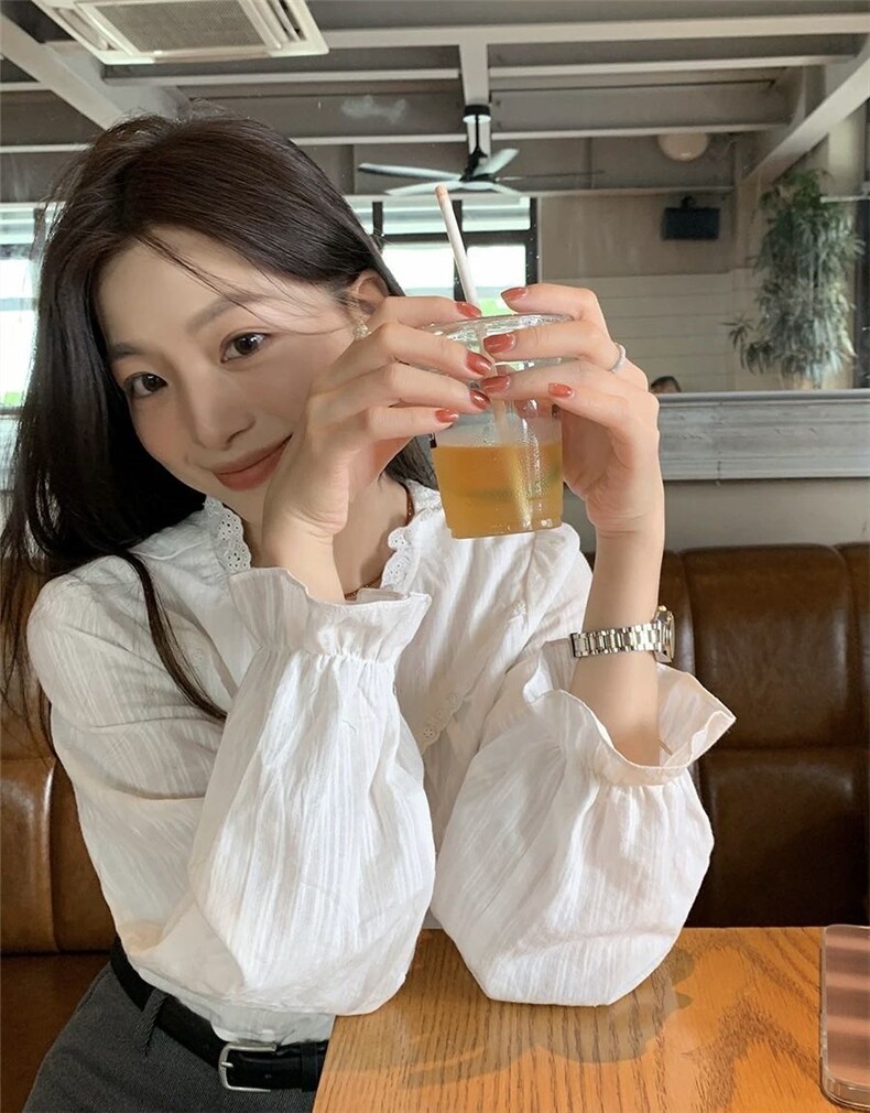法式花边领水溶棉纯棉温柔风衬衣,女装衬衫,湘姗