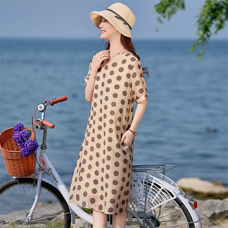 时尚波点印花连衣裙女2025夏季新款中年妈妈宽松大码休闲洋气裙子,女装连衣裙,文熹诺