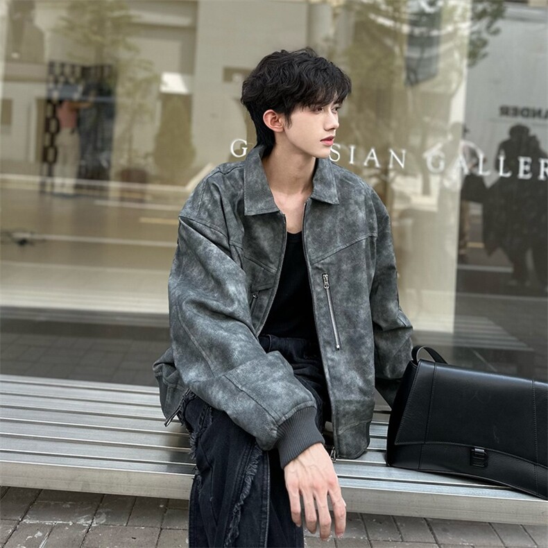 美式复古vintage做旧外套男潮高级感拼接翻领皮夹克痞帅炸街皮衣，男装皮衣，星座813-2