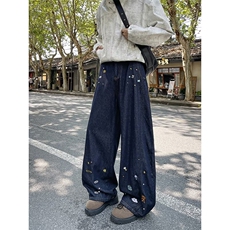 美式刺绣阔腿牛仔裤女2025秋冬新款宽松休闲拖地长裤RK3204-P57，男装牛仔裤，星座412-3