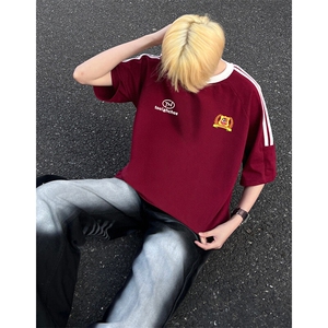 夏季美式高街重磅纯棉三条杠织带撞色男女短袖T恤ZD613-特P30图片