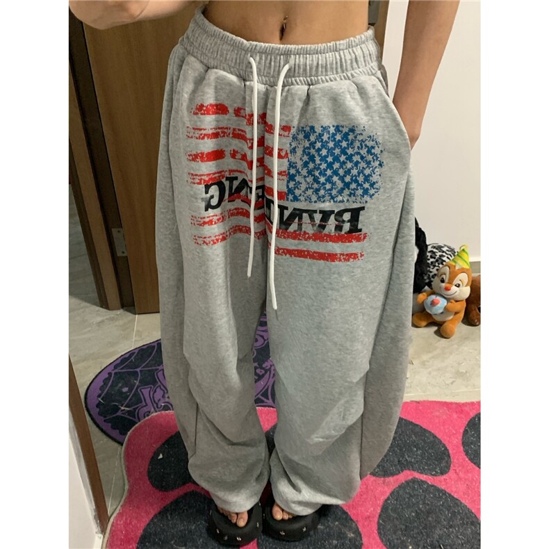 高街vibe休闲阔腿裤女秋季美式复古印花宽松慵懒卫裤LB30877-P53，男装休闲裤，星座1008