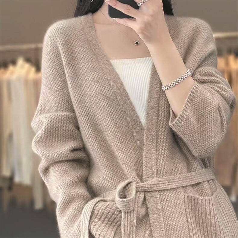 春秋新款100%毛开衫女v领中长款外搭宽松腰带毛衣羊绒针织外套,针织衫/毛衣,萱芳婷羊绒