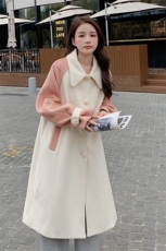 新款现货撞色中长款毛呢大衣，女装毛呢外套，菡迪欧娜