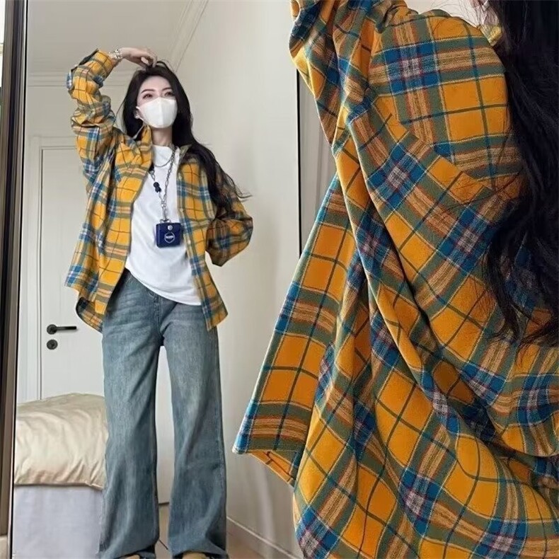 美式潮牌复古黄色格子衬衫男女款秋季2025新款设计感小众长袖衬衣图片