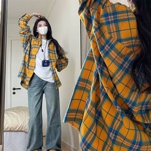 美式潮牌复古黄色格子衬衫男女款秋季2025新款设计感小众长袖衬衣图片