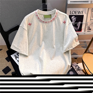 GC0205-P38潮复古项链刺绣短袖T恤男女宽松夏季ins百搭情侣上衣图片