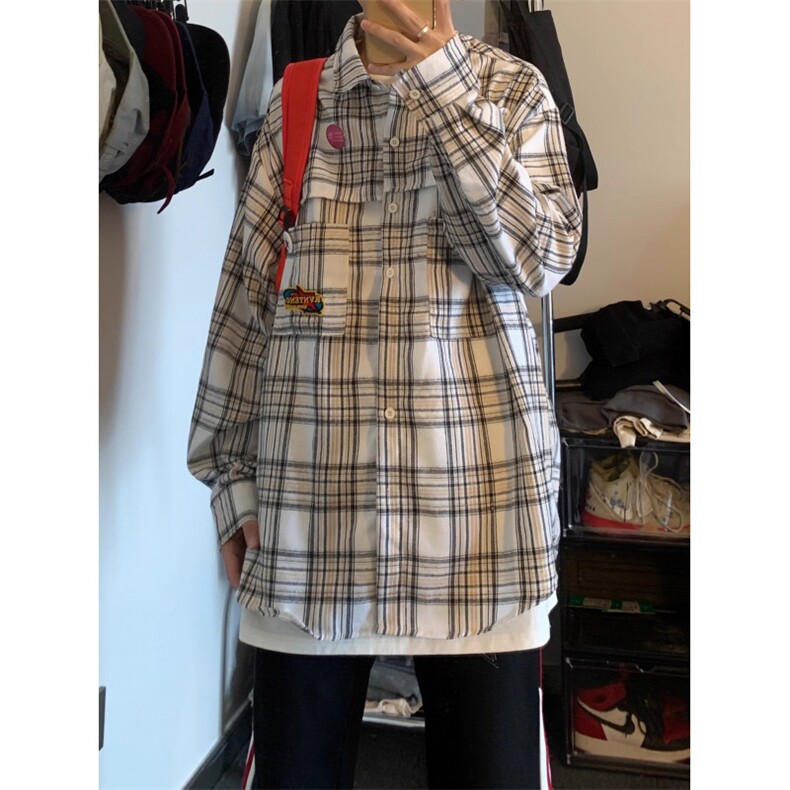 美式复古白色格子衬衫男女春秋季字母印花宽松衬衣外套C78-P50,男装衬衫,星座1007（原301D）
