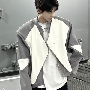 【有货】D8504-P78小众设计不规则拼接皮夹克男款宽松百搭棒球服图片