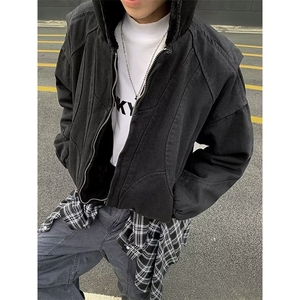 加绒加厚外套男秋冬季重磅帆布夹克棉服连帽棉衣图片