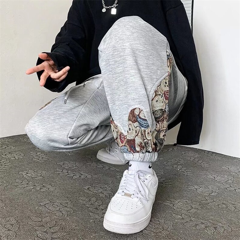 春季小熊拼接卫裤男宽松束脚M-3XL休闲裤新款美式裤子K1994-P31,男装休闲裤,星座512-2
