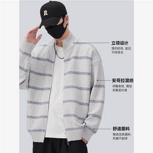 网图现货25852-特P70条纹针织开衫外套男士潮牌立领夹克秋装毛衣图片