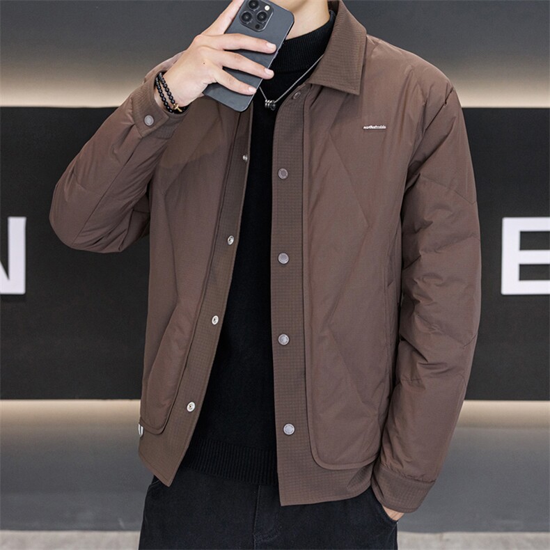 黑色翻领轻薄羽绒服男冬季新款拼接设计高级感假两件保暖夹克外套图片