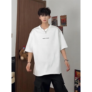 wassuphappy正肩短袖t恤男款夏季潮流美式痞帅上衣服休闲五分袖
