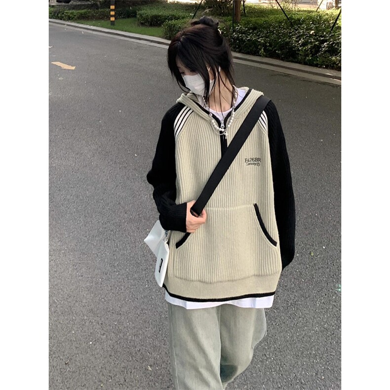 潮牌撞色插肩长袖连帽毛衣男女秋冬半开拉链针织衫外套M369,男装针织衫/毛衣,星座1116A（原606A-3）