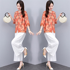 天丝复古花色休闲薄套装女2025夏季新款大码宽松高腰阔腿裤两件套，女装套装/套裙，魅影