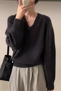 V领慵懒风宽松显瘦针织衫2024早秋新款女装韩版图片