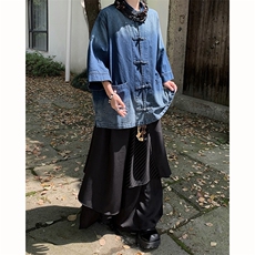 新中式水洗牛仔短袖衬衫男夏季日系风衬衣外套男女S9866-p65，男装衬衫，星座1008