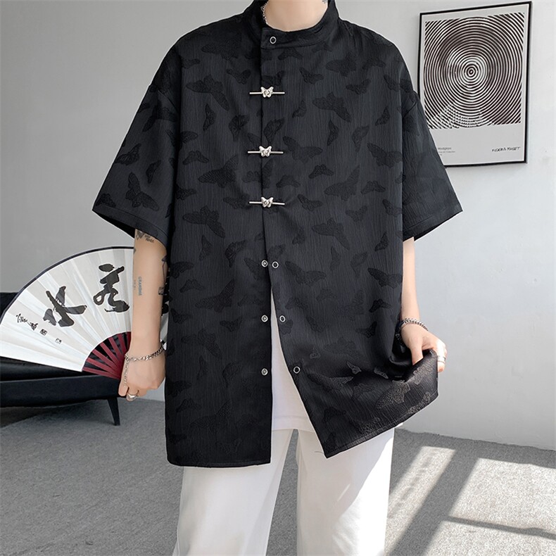 8XL-M特大码新中式衬衫男复古风垂感短袖衬衫外套CS512P48,男装衬衫,电商D206-1